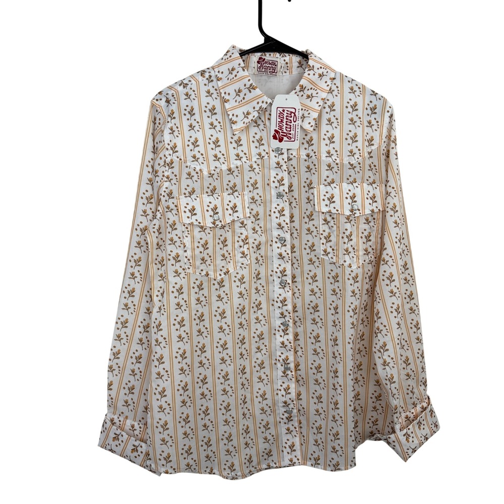 Howdy Hanny Shirt Womens Medium White Floral Stripe Pearl Snap Western Cowgirl
